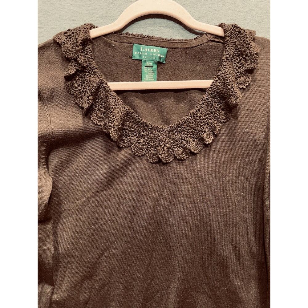 Lauren Ralph Lauren Y2K Ruffled Collar Silk Sweater Dark Brown Womens Size MP - Picture 4 of 11